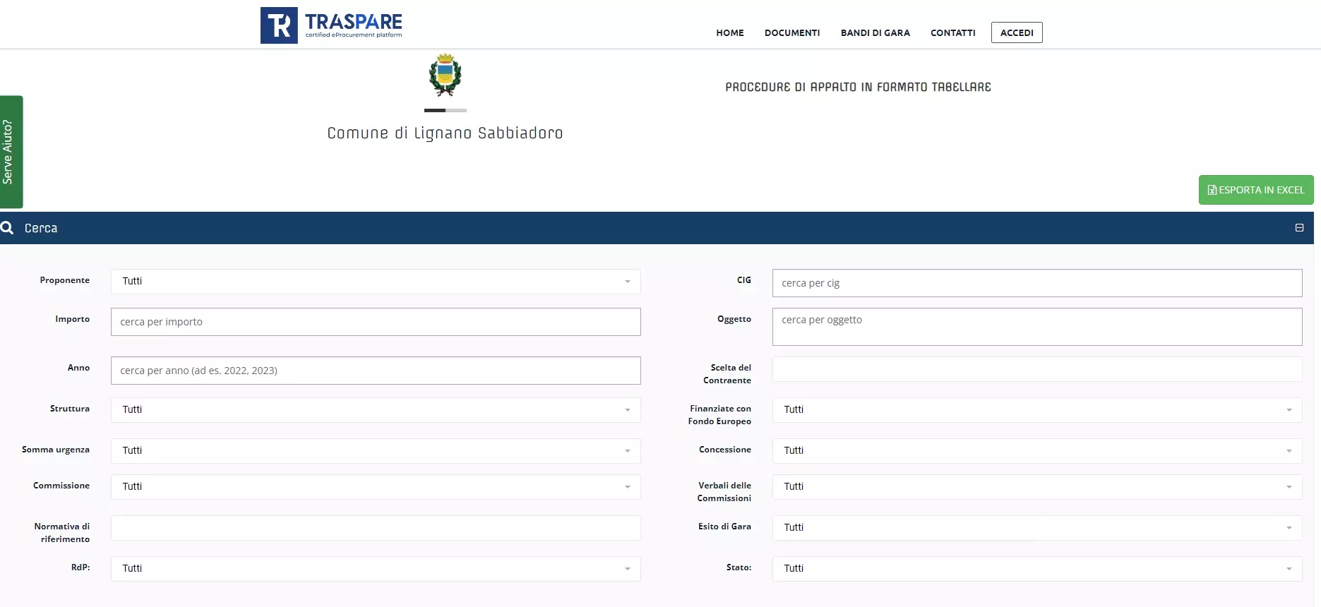 Traspare - menu di ricerca.webp